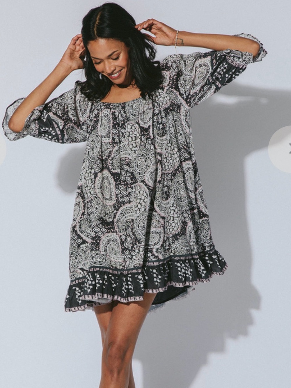 Cleobella Organic Cotton Boho Paisley Mini Dress Ruffle Sleeve Peasant Medium